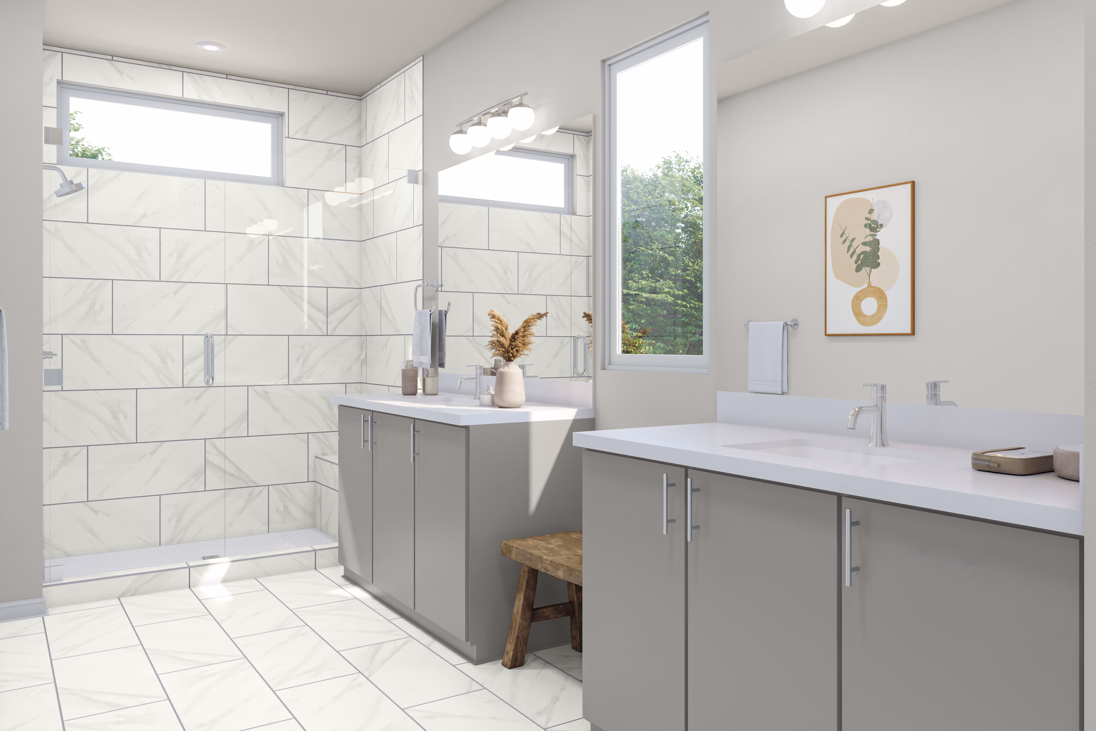 A modern and minimalist bathroom with white tile walls, a gray vanity, and a large window providing natural light.